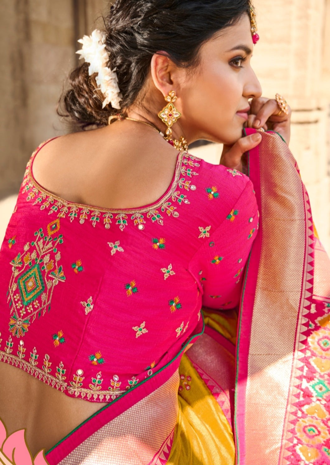 Cut Dana and Mirror Work Mustard Yellow Patola Saree
