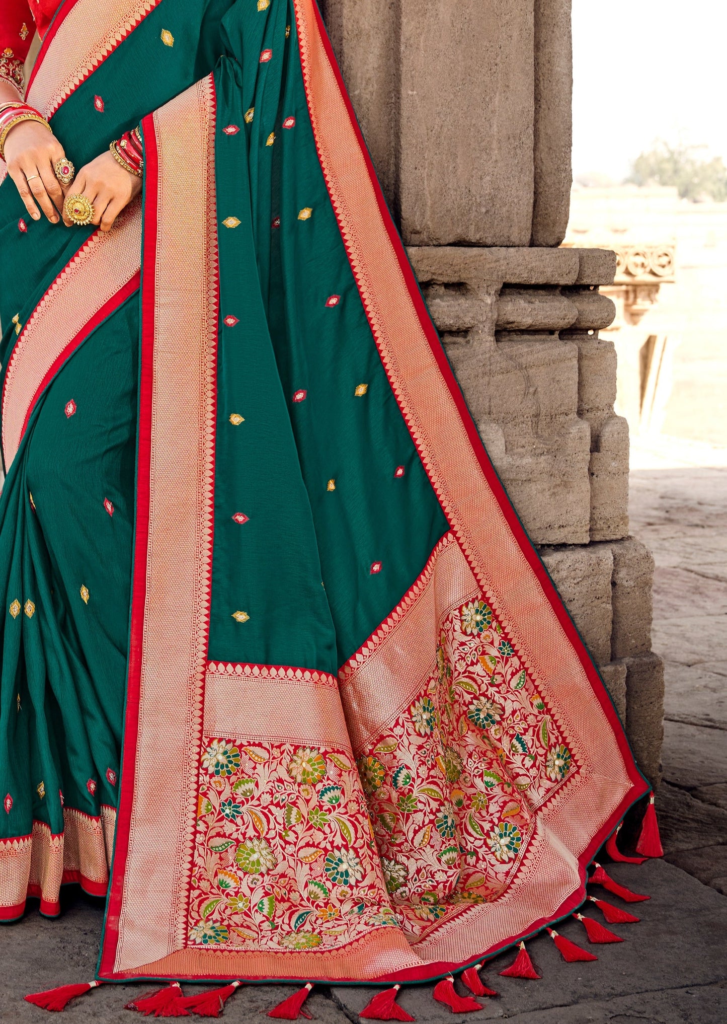 Cut Dana Handwork Bottle Green Banarasi Saree