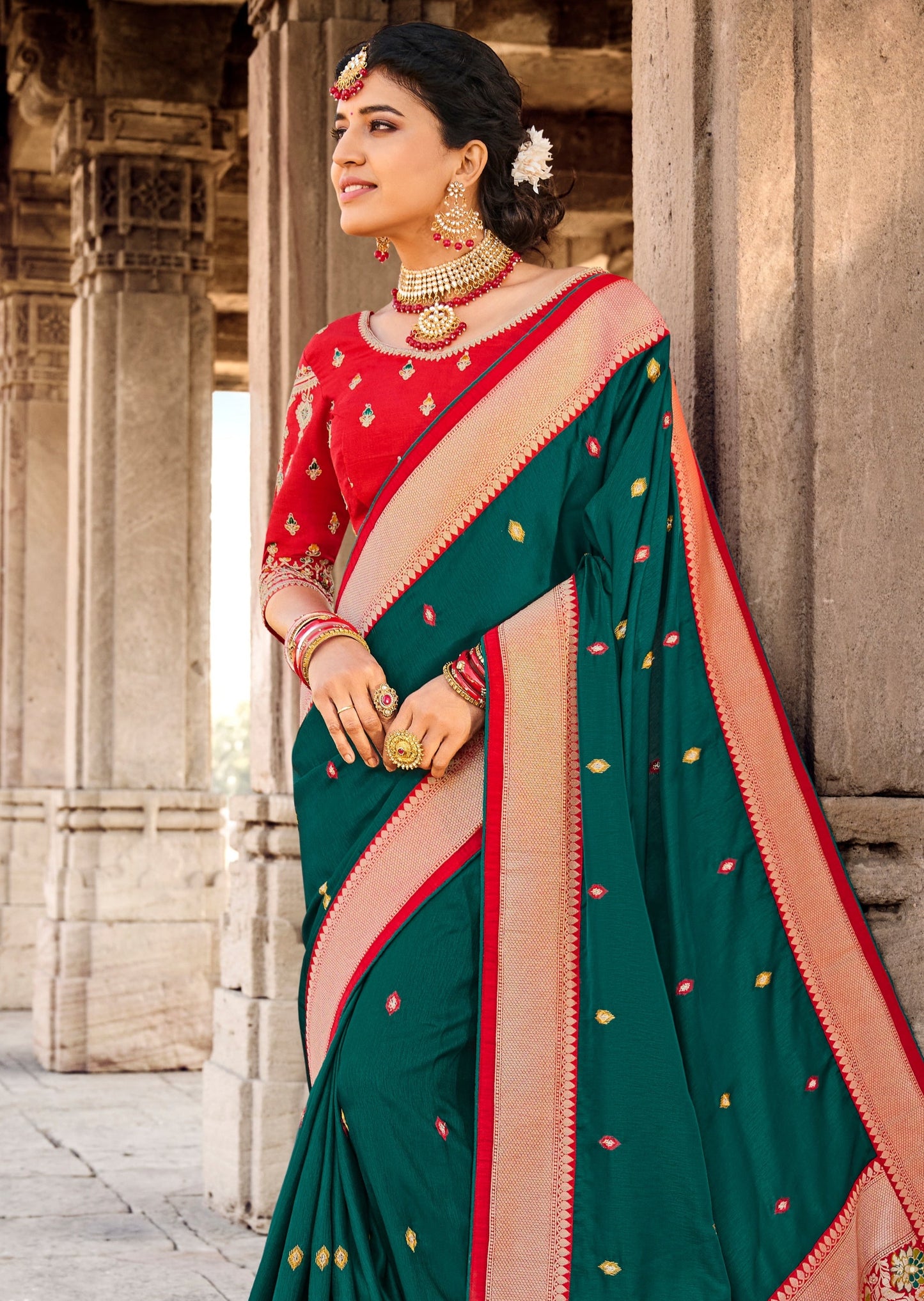 Cut Dana Handwork Bottle Green Banarasi Saree