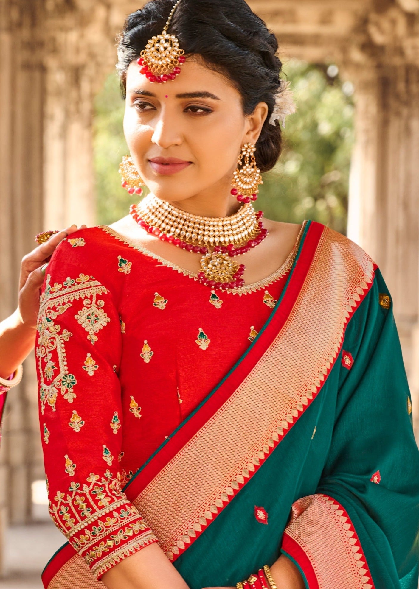 Cut Dana Handwork Bottle Green Banarasi Saree