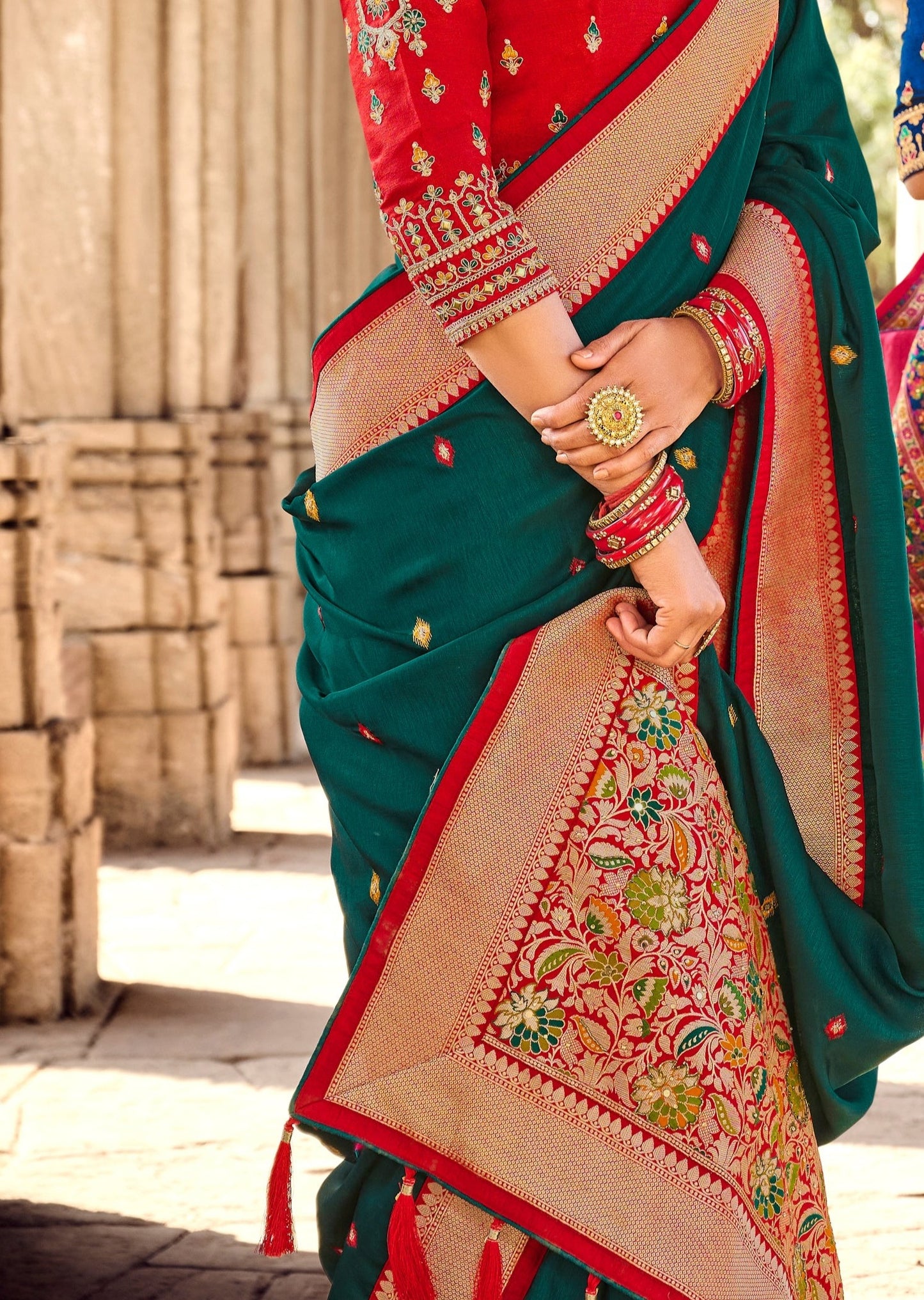Cut Dana Handwork Bottle Green Banarasi Saree