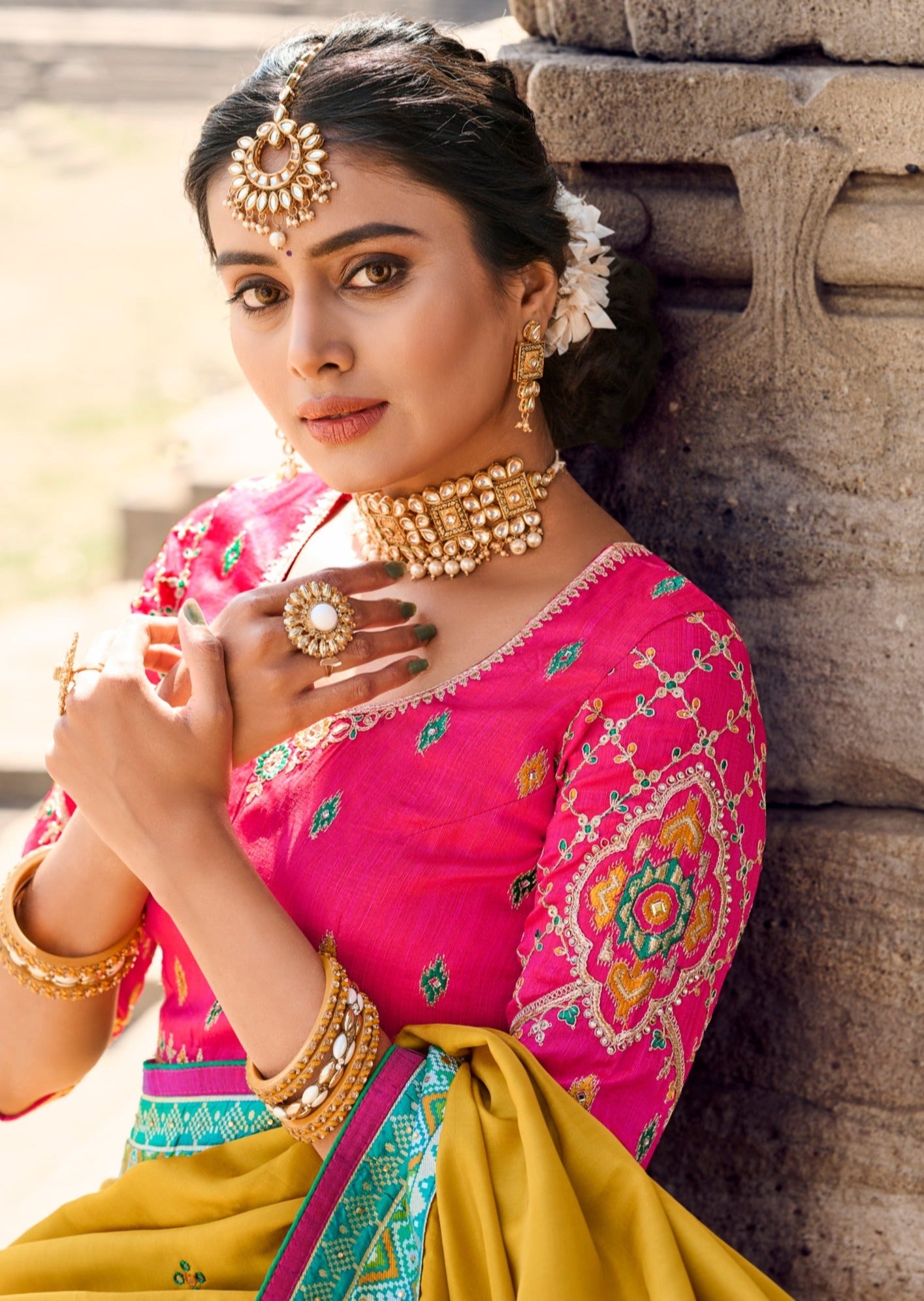 Cut Dana and Mirror Work Mustard Yellow Patola Saree