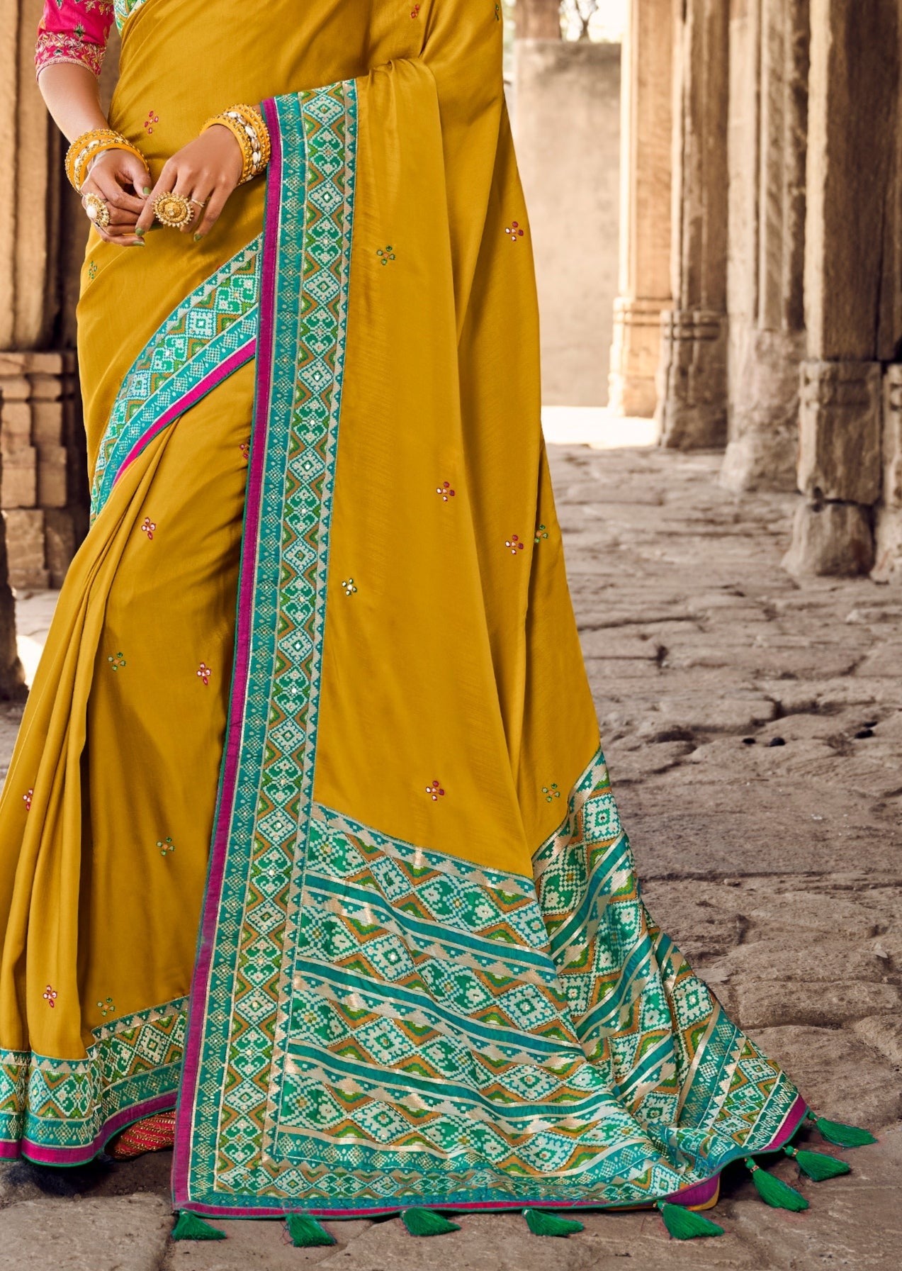 Cut Dana and Mirror Work Mustard Yellow Patola Saree