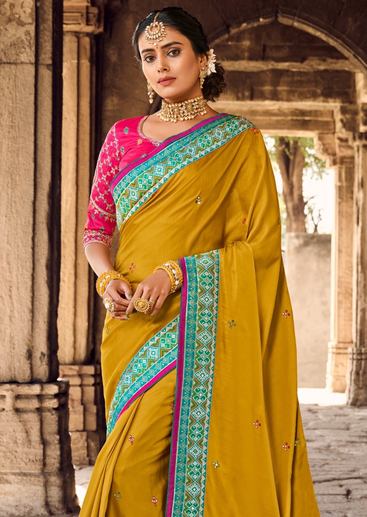 Cut Dana and Mirror Work Mustard Yellow Patola Saree