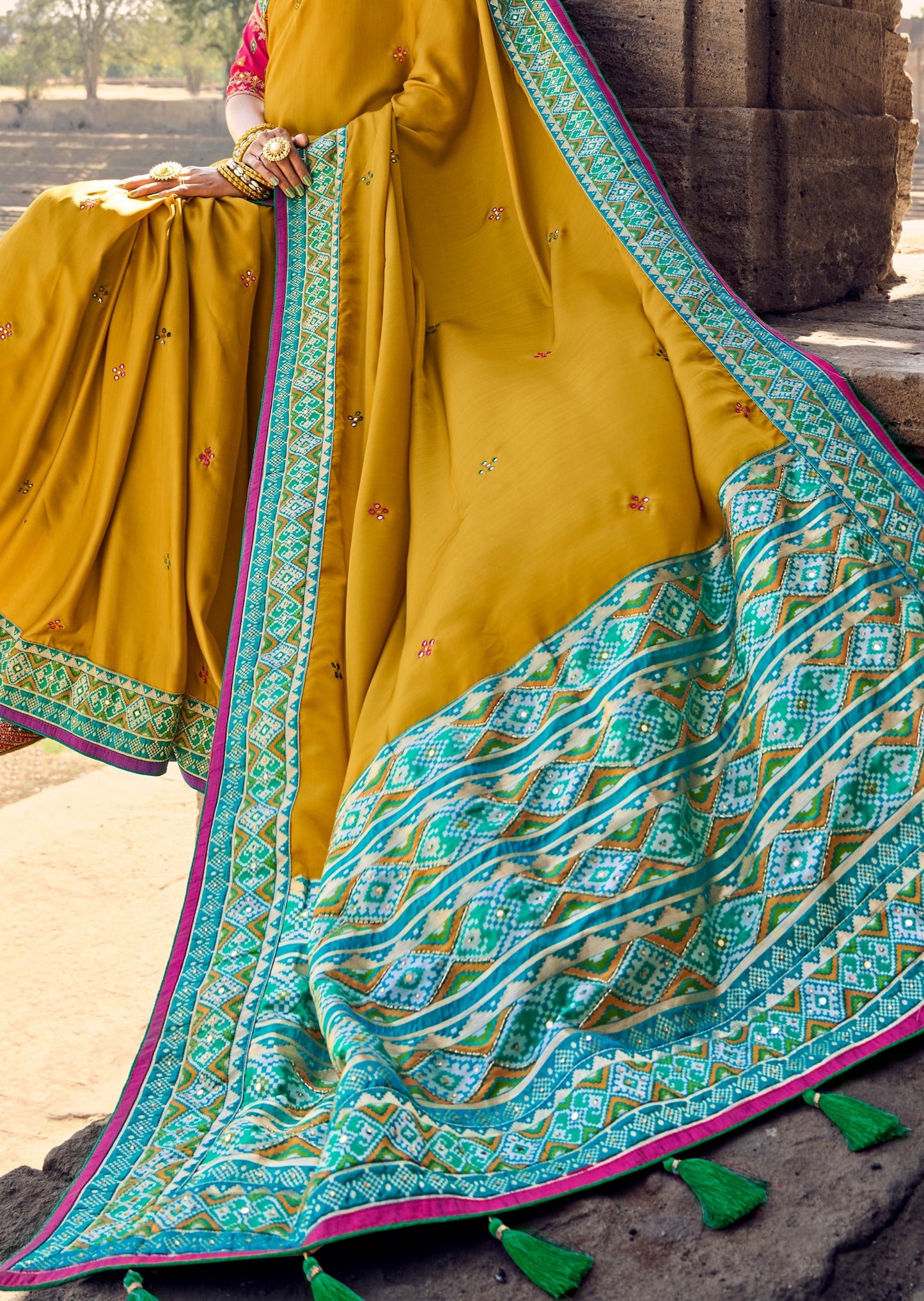 Cut Dana and Mirror Work Mustard Yellow Patola Saree