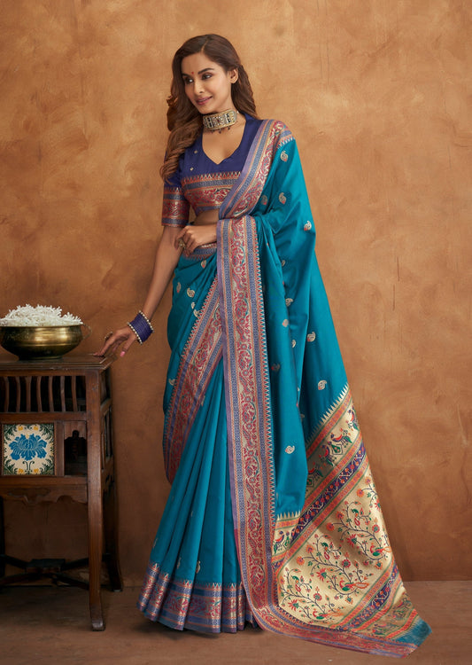 Blue paithani silk saree in usa online for wedding.