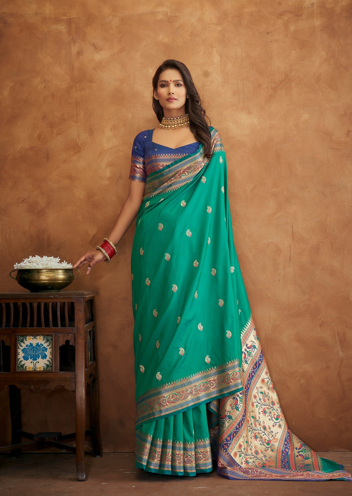 Green Paithani Silk Saree with Zari Border