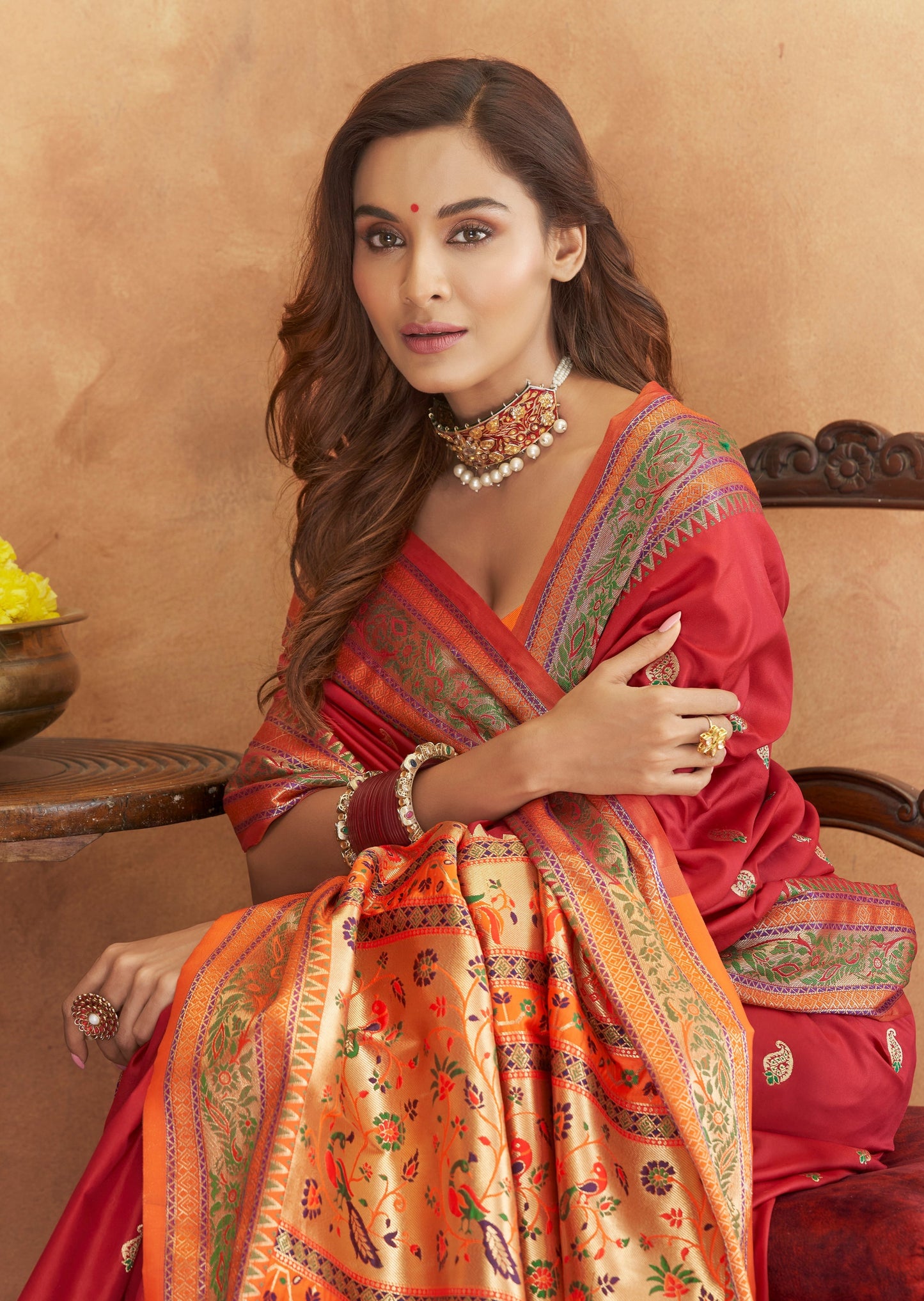 Red Handloom Paithani Saree with Zari Border