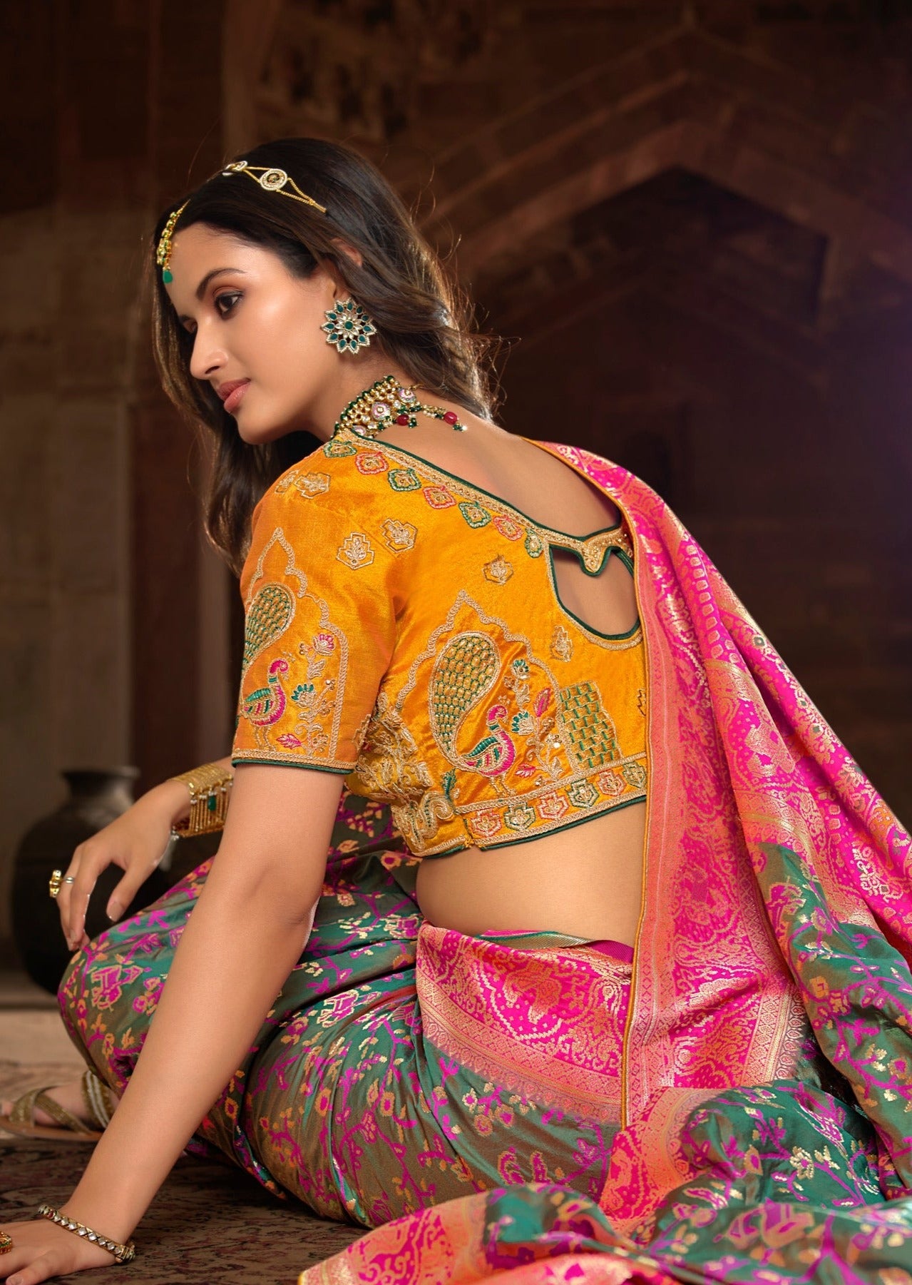 Bridal Banarasi Patola Silk Handloom Saree (Olive Green)