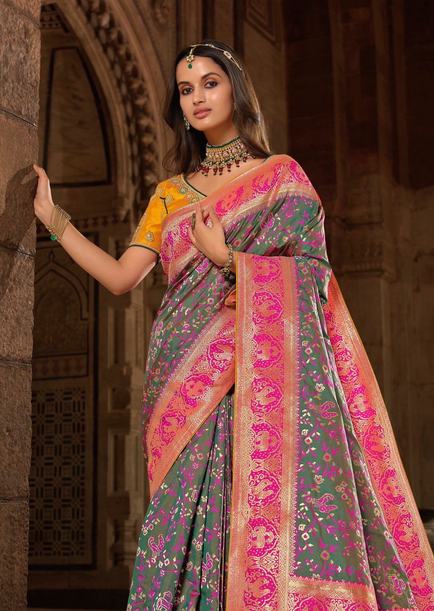 Bridal Banarasi Patola Silk Handloom Saree (Olive Green)