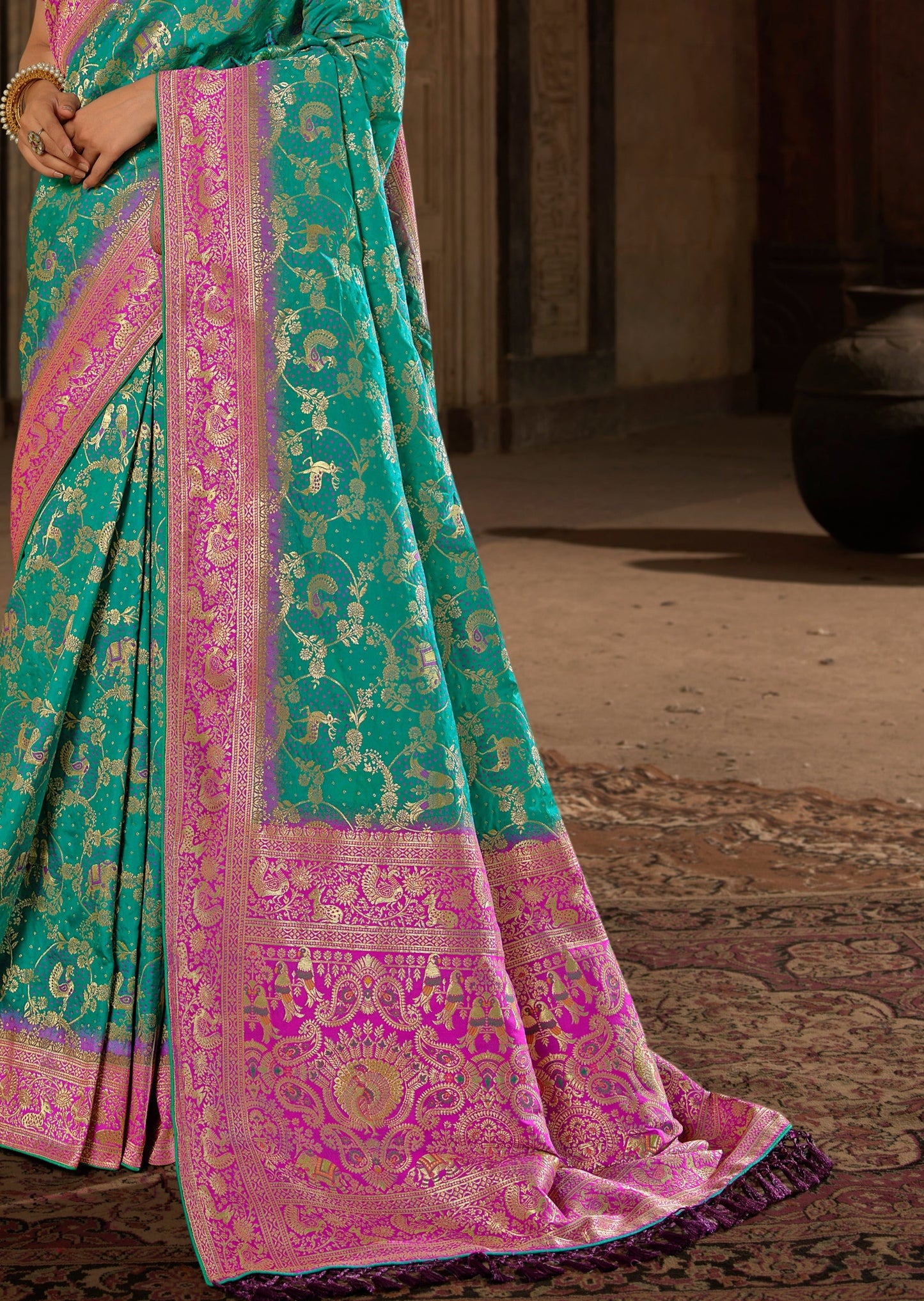 Ocean Green Banarasi Silk Meenakari Saree