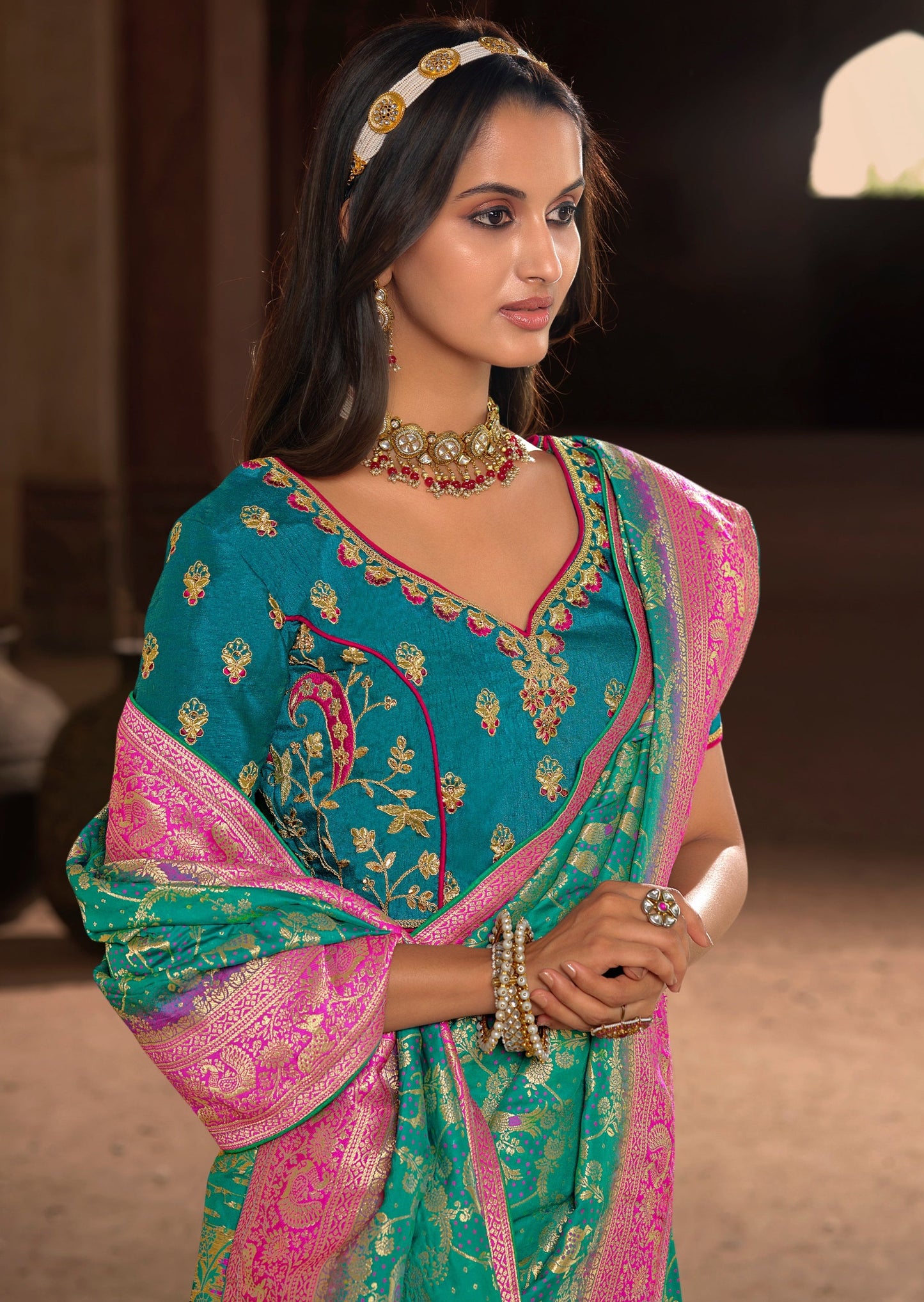 Ocean Green Banarasi Silk Meenakari Saree