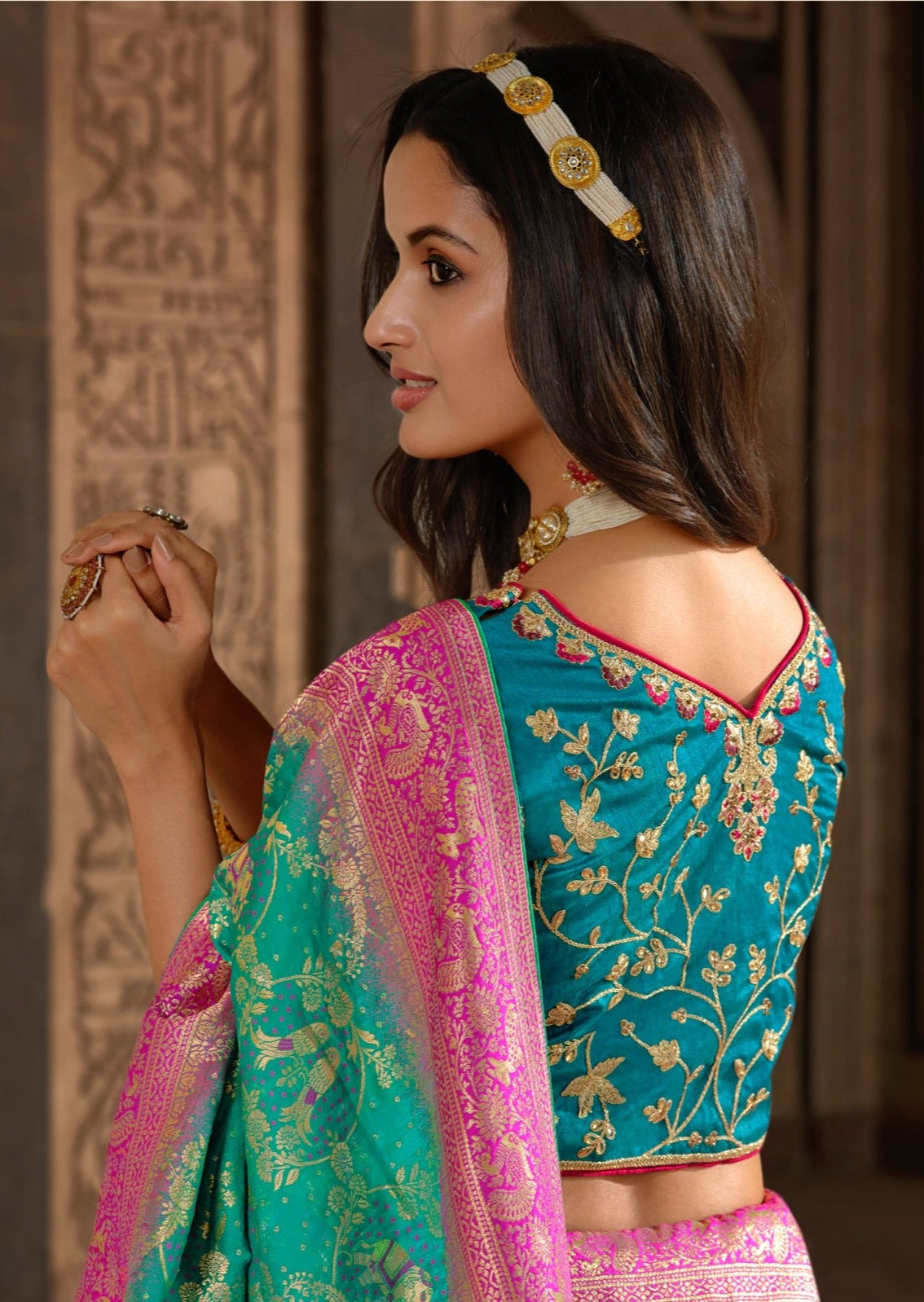 Ocean Green Banarasi Silk Meenakari Saree