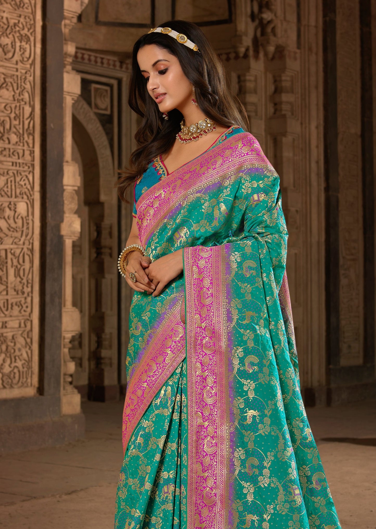 Ocean Green Banarasi Silk Meenakari Saree