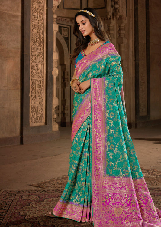 Ocean Green Banarasi Silk Meenakari Saree