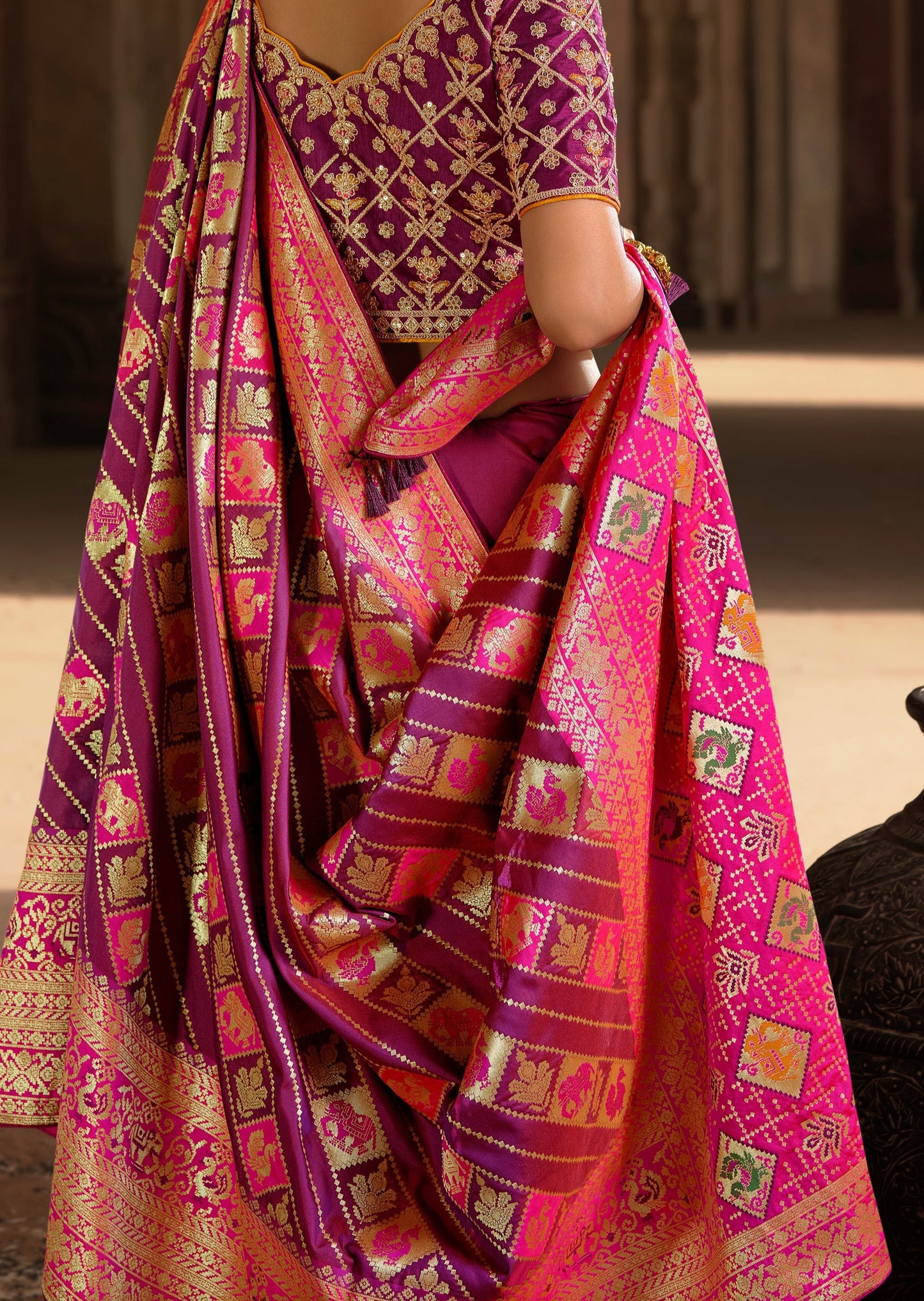 Plum Violet Woven Banarasi Patola Silk Saree
