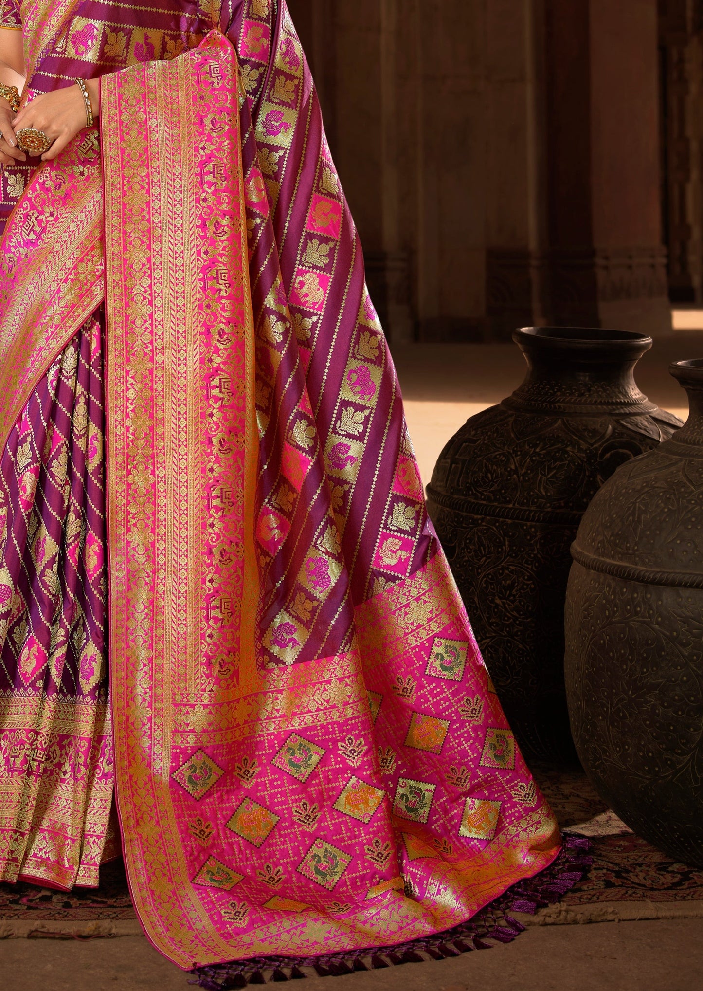 Plum Violet Woven Banarasi Patola Silk Saree