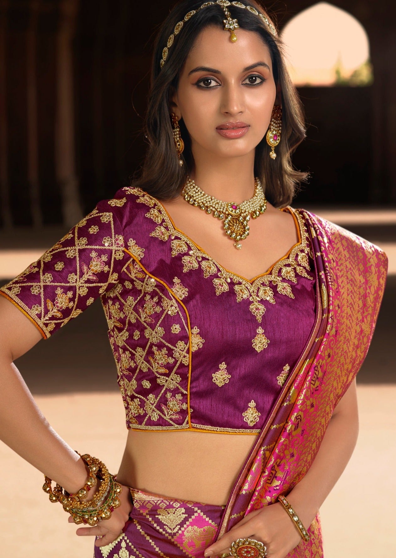 Plum Violet Woven Banarasi Patola Silk Saree