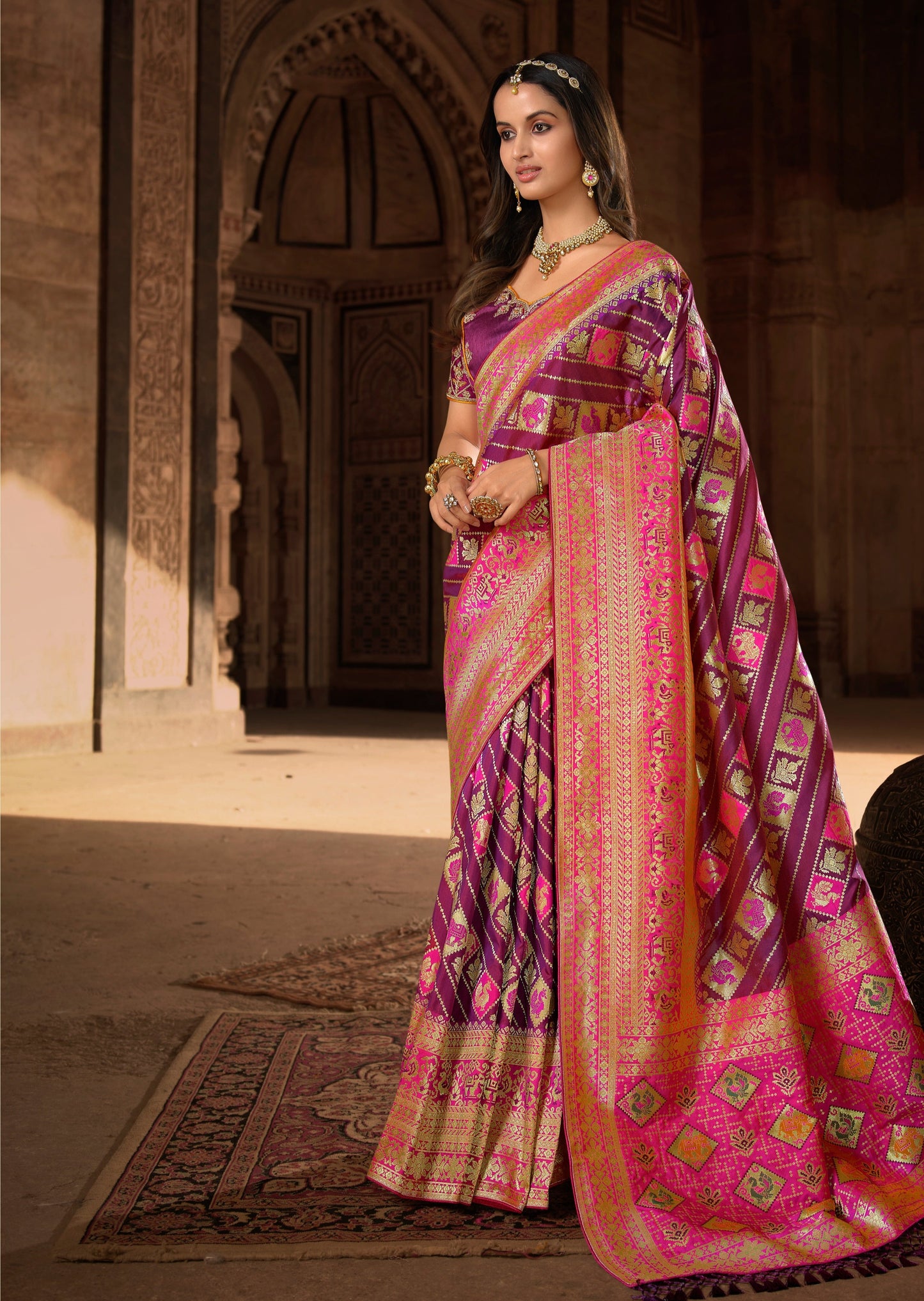 Plum Violet Woven Banarasi Patola Silk Saree