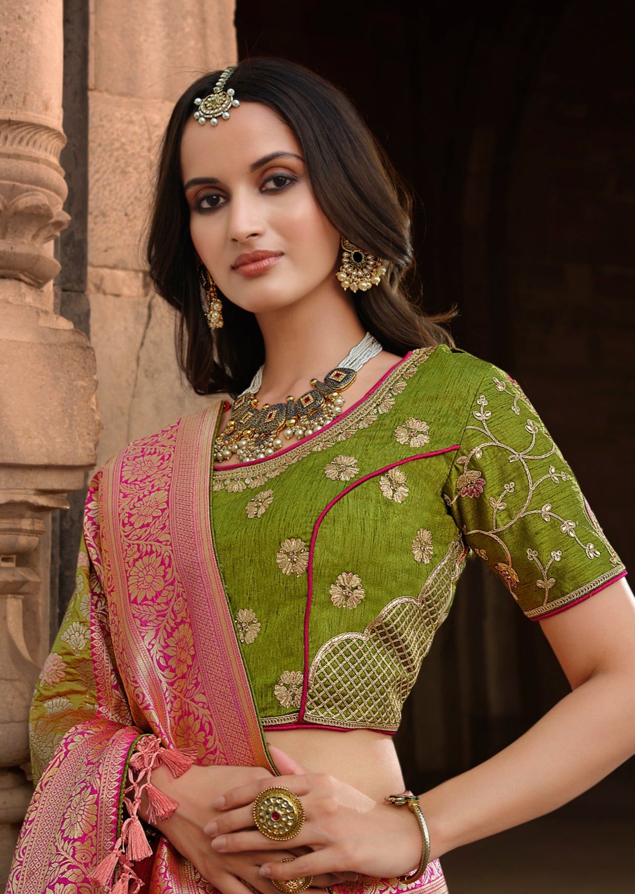 Green Banarasi Silk Saree with Pink Border