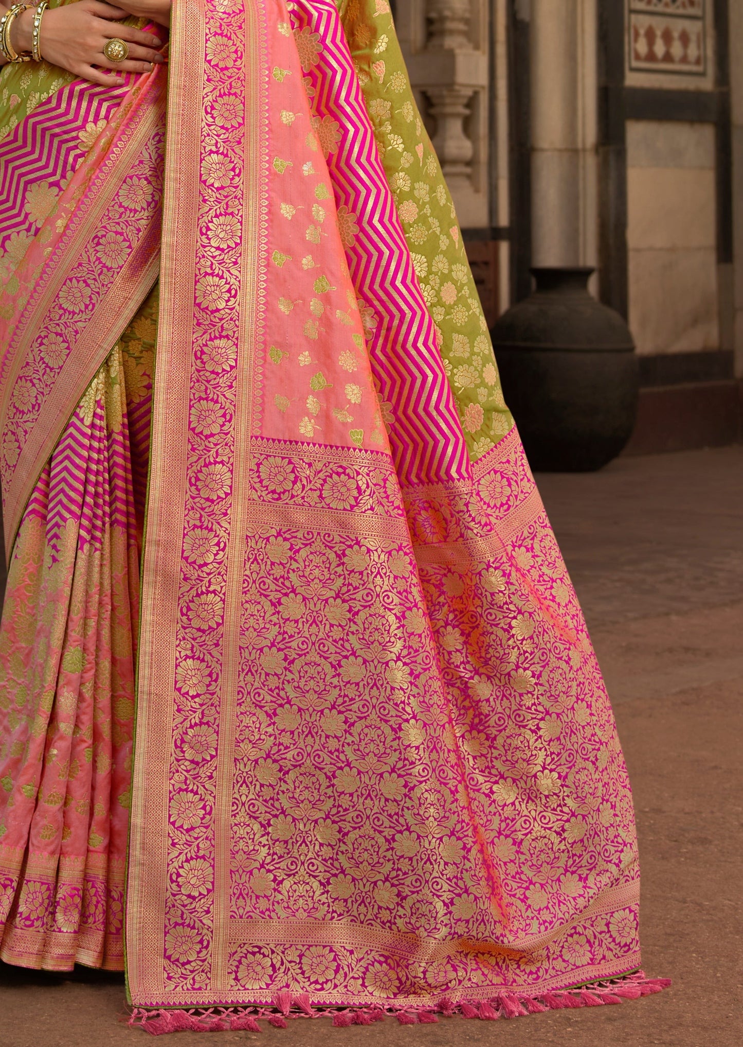 Green Banarasi Silk Saree with Pink Border