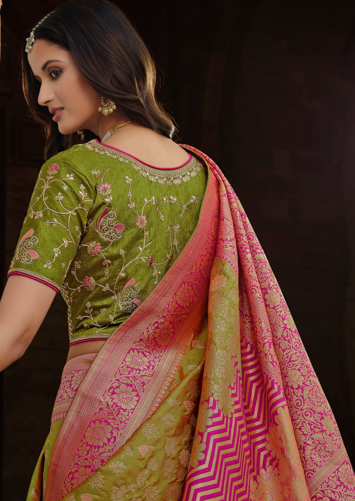 Green Banarasi Silk Saree with Pink Border