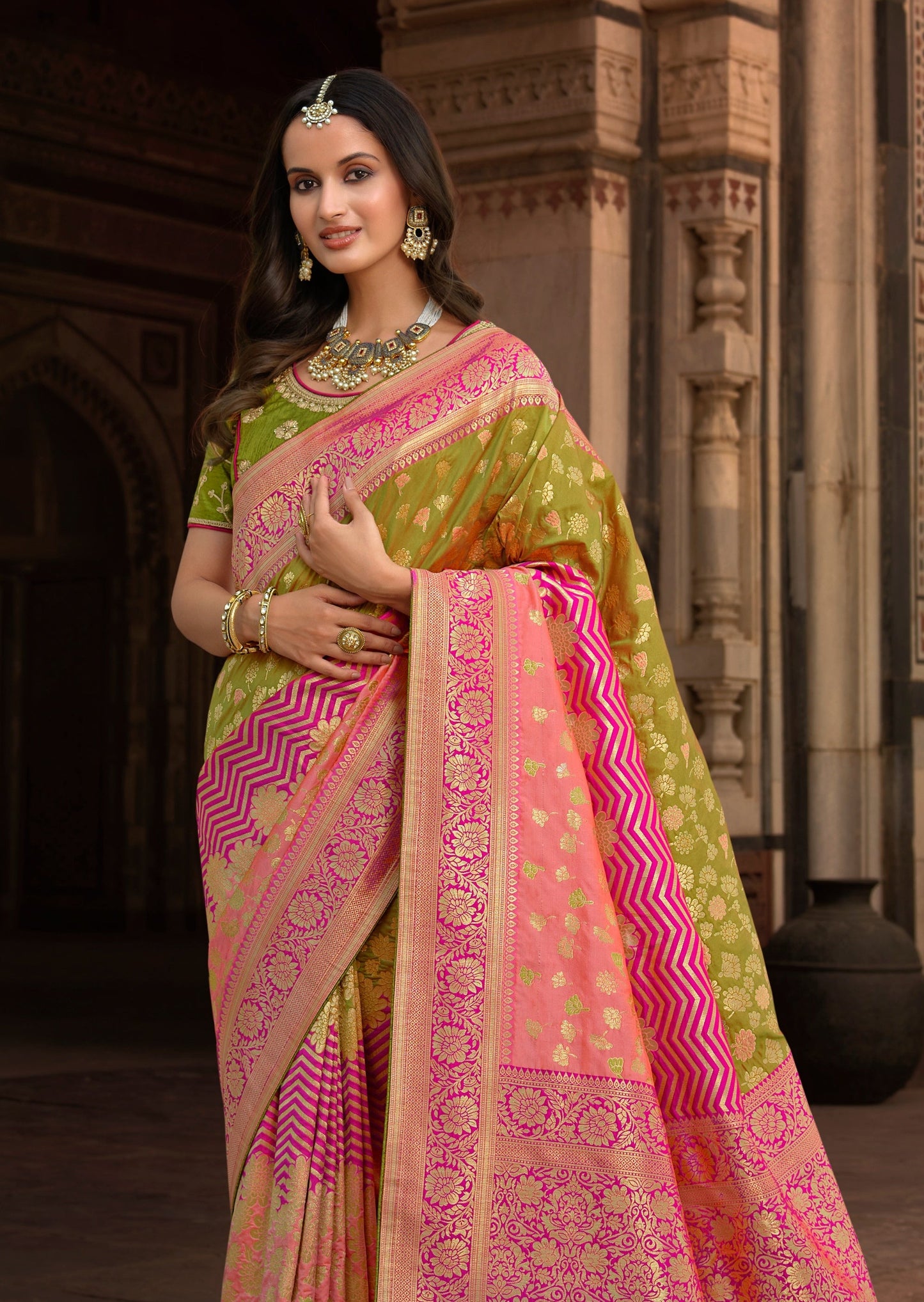 Green Banarasi Silk Saree with Pink Border