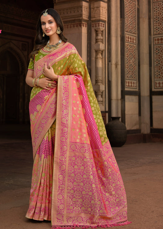 Green Banarasi Silk Saree with Pink Border