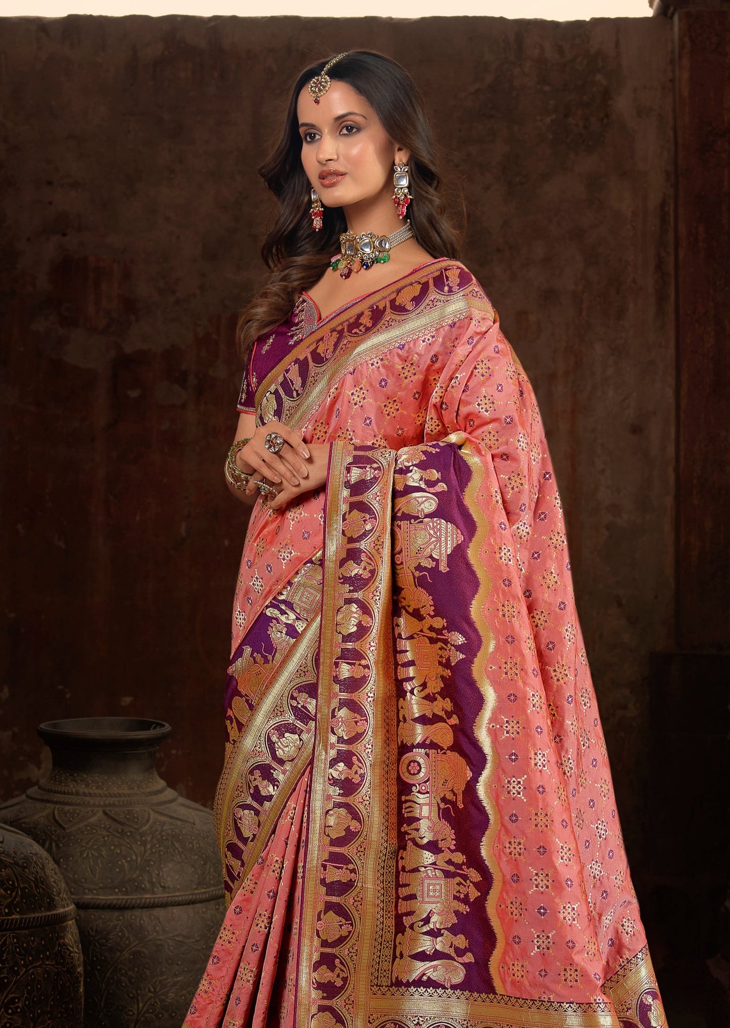 Handloom Weaving Peach Banarasi Patola Silk Saree with Meenakaari