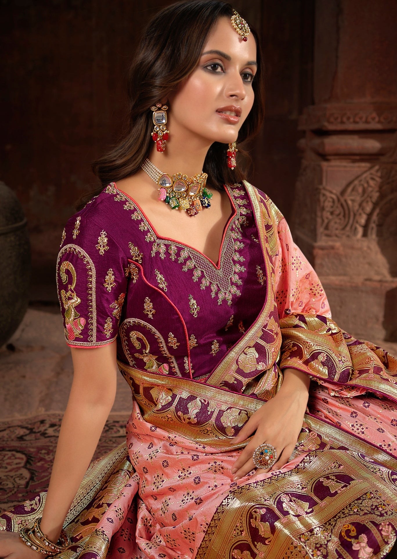 Handloom Weaving Peach Banarasi Patola Silk Saree with Meenakaari