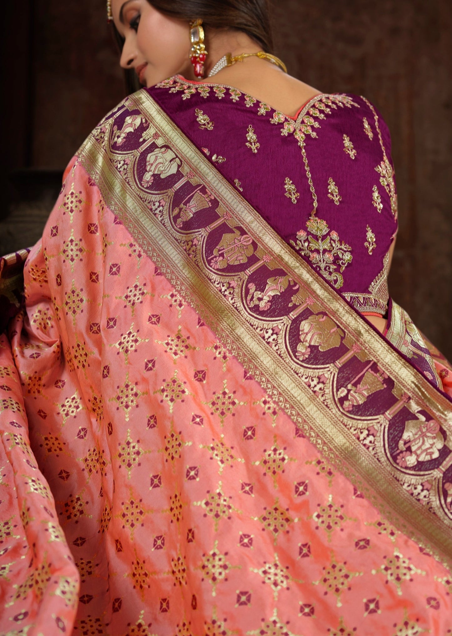 Handloom Weaving Peach Banarasi Patola Silk Saree with Meenakaari