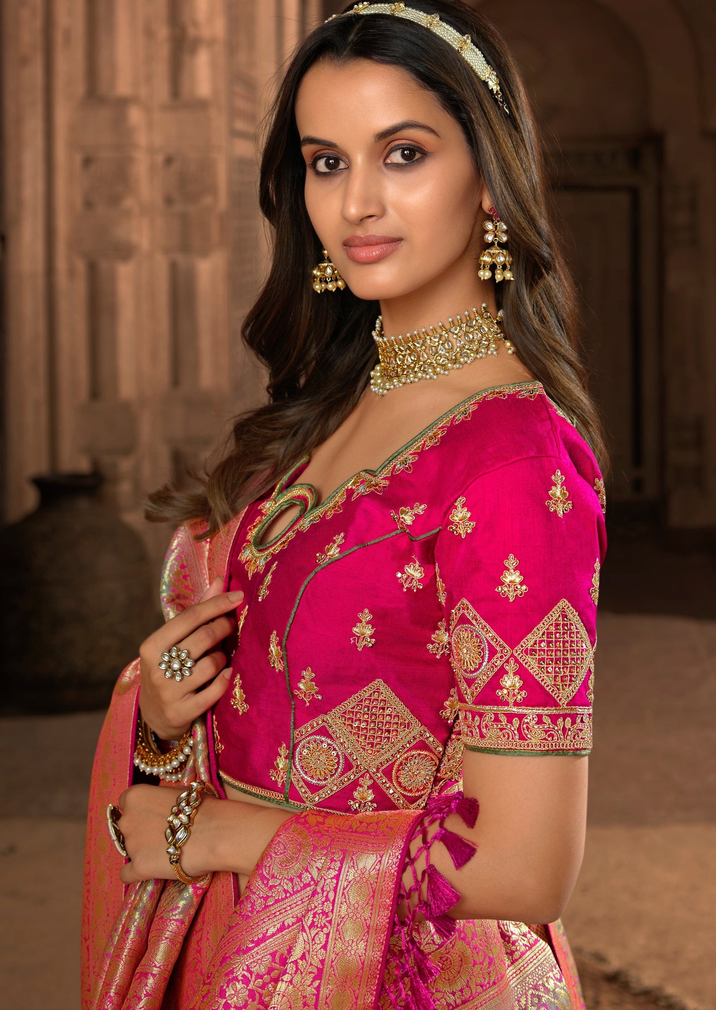 Grey Banarasi Patola Saree with Pink Border