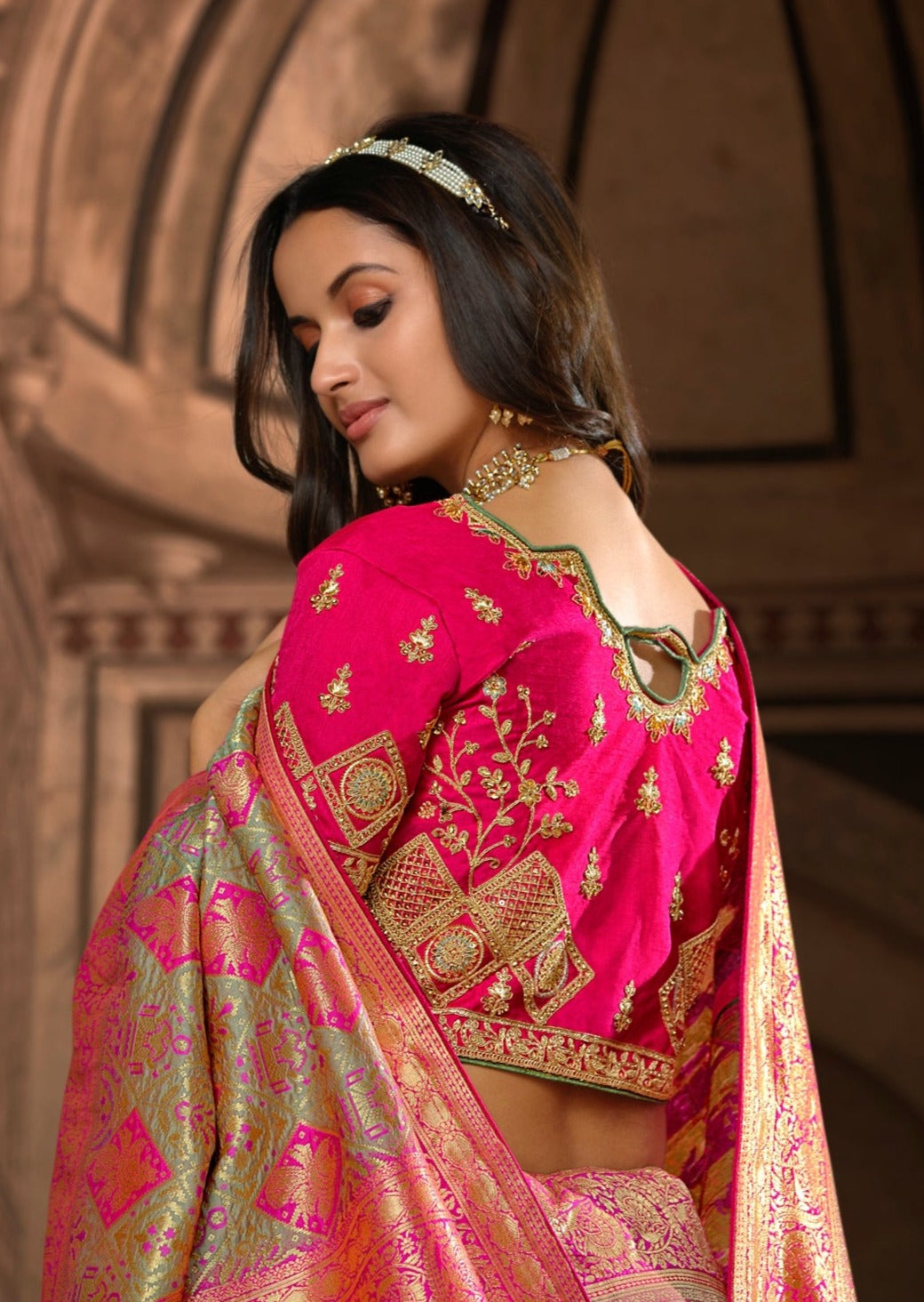 Grey Banarasi Patola Saree with Pink Border
