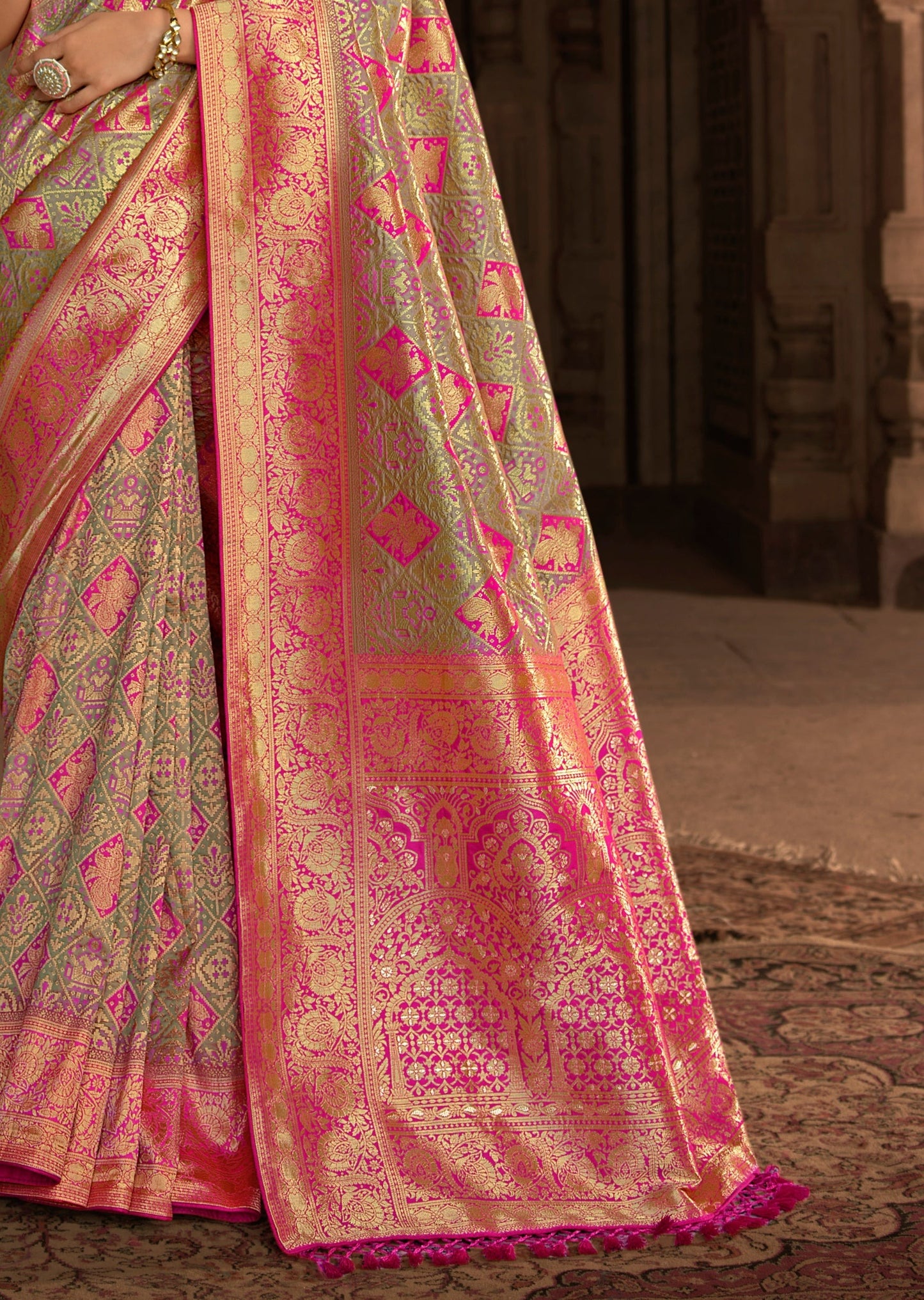 Grey Banarasi Patola Saree with Pink Border