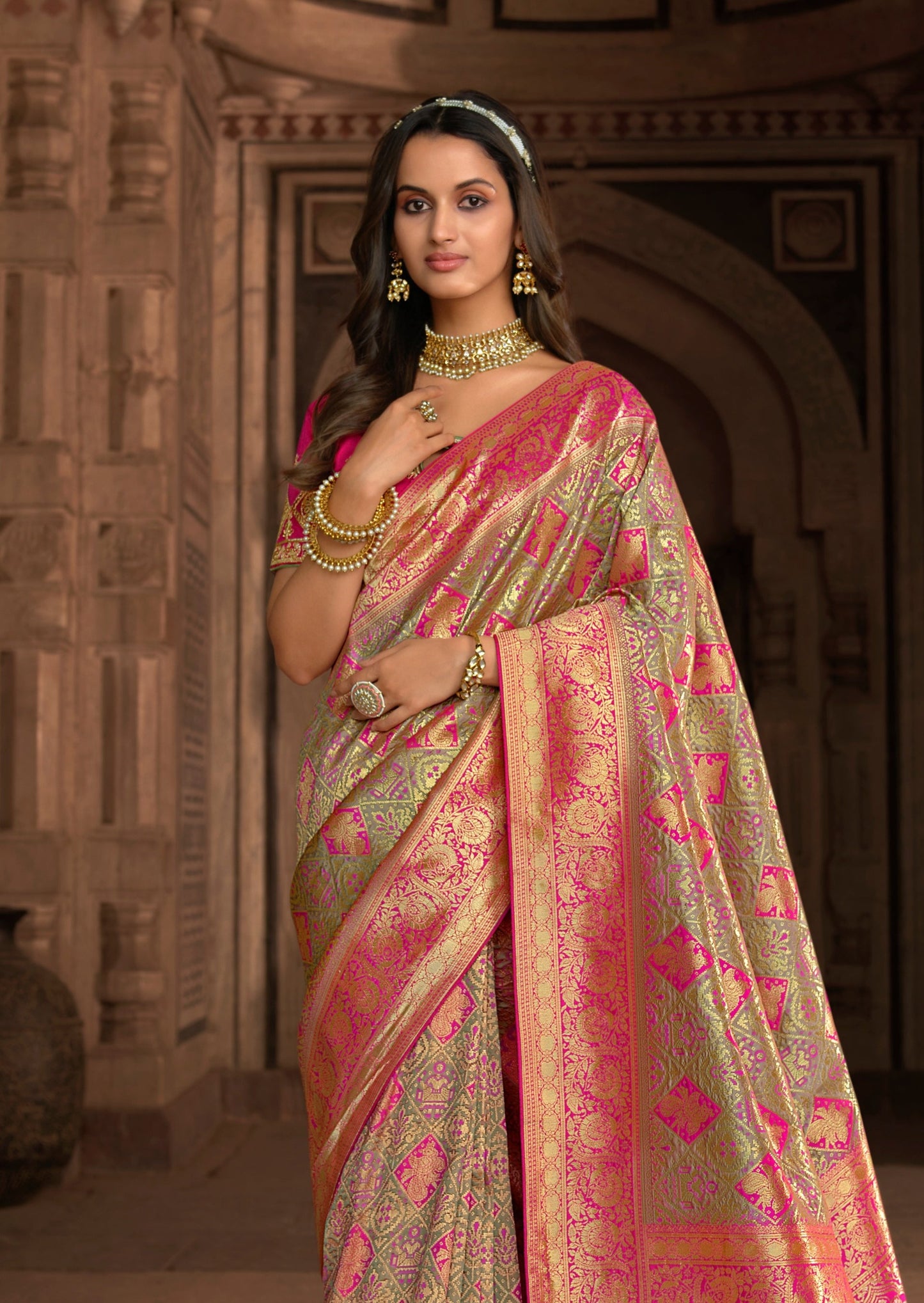 Grey Banarasi Patola Saree with Pink Border