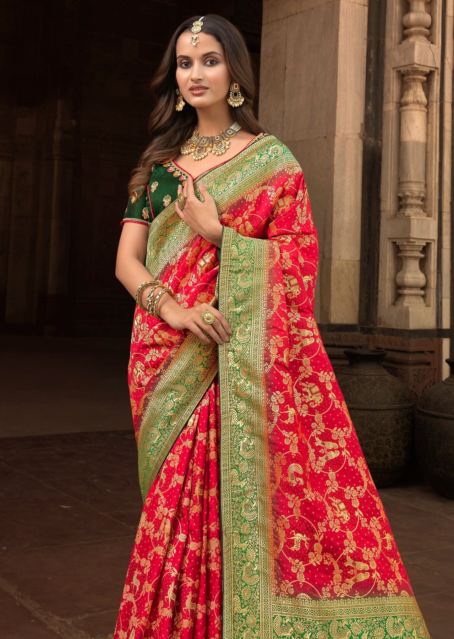 Red Banarasi Silk Bridal Saree with Meenakari