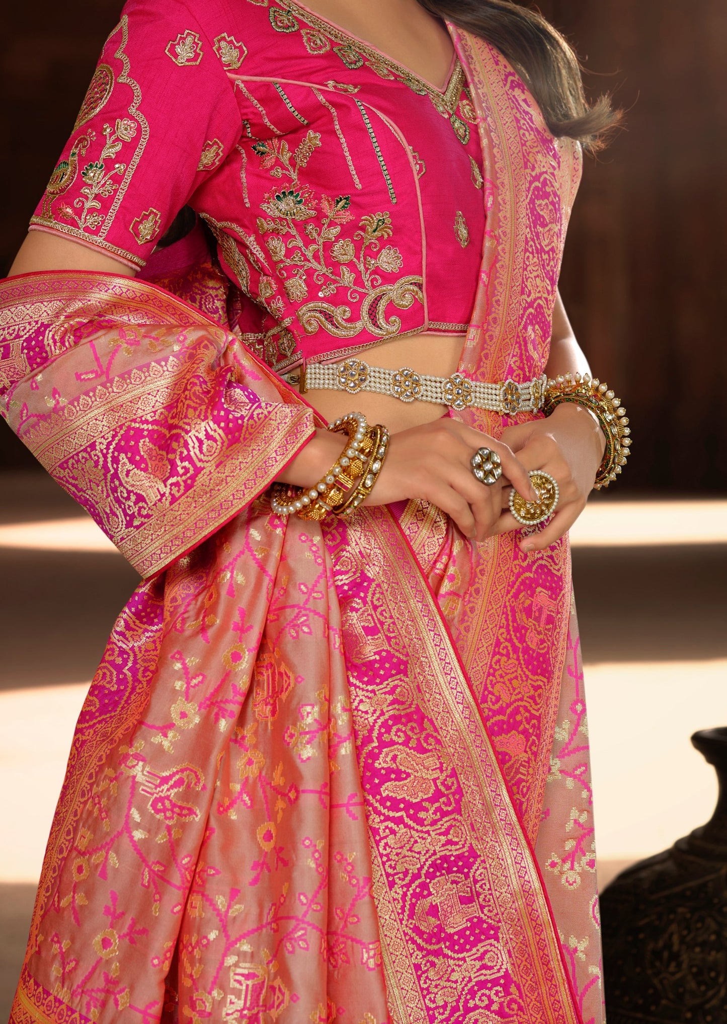 Banarasi Patola Silk Handloom Saree (Flamingo Pink)