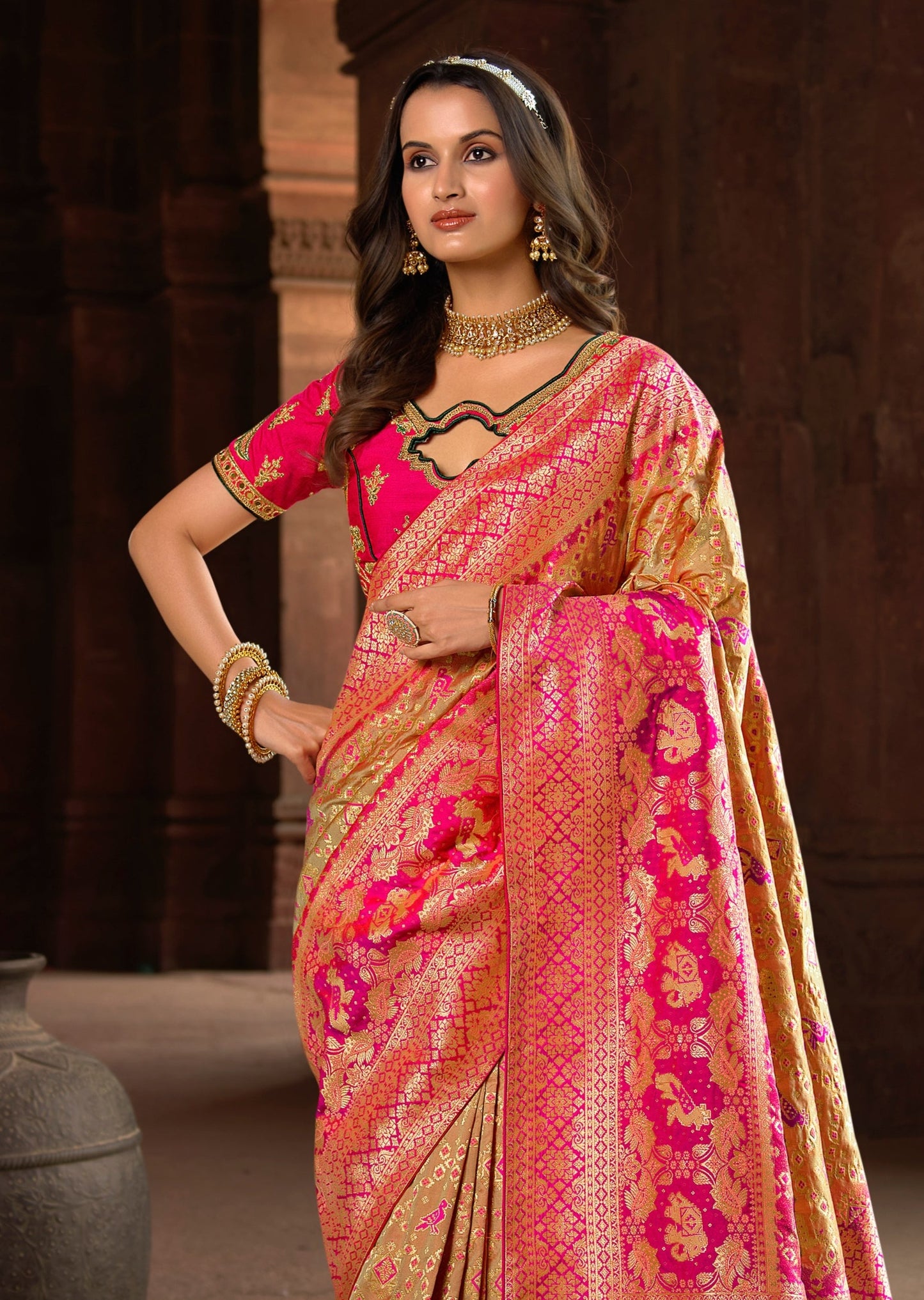 Light Gold Banarasi Patola Saree with Meenakari