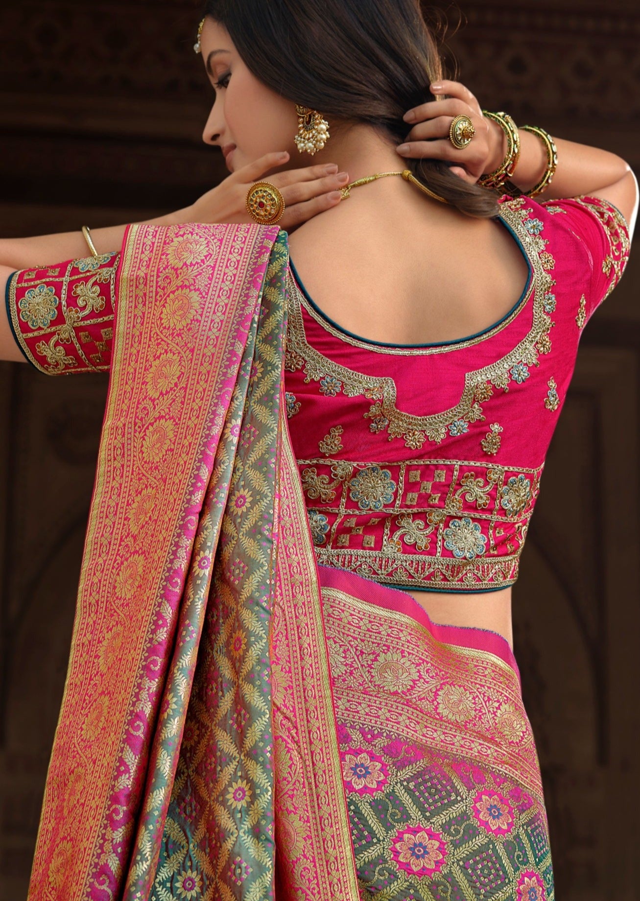 Sage Green Banarasi Patola Saree with Meena work