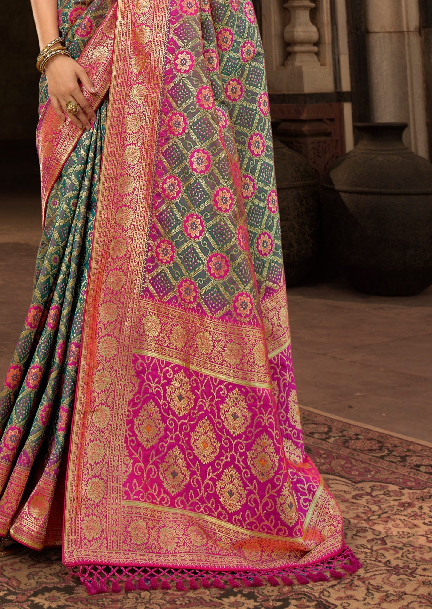 Sage Green Banarasi Patola Saree with Meena work