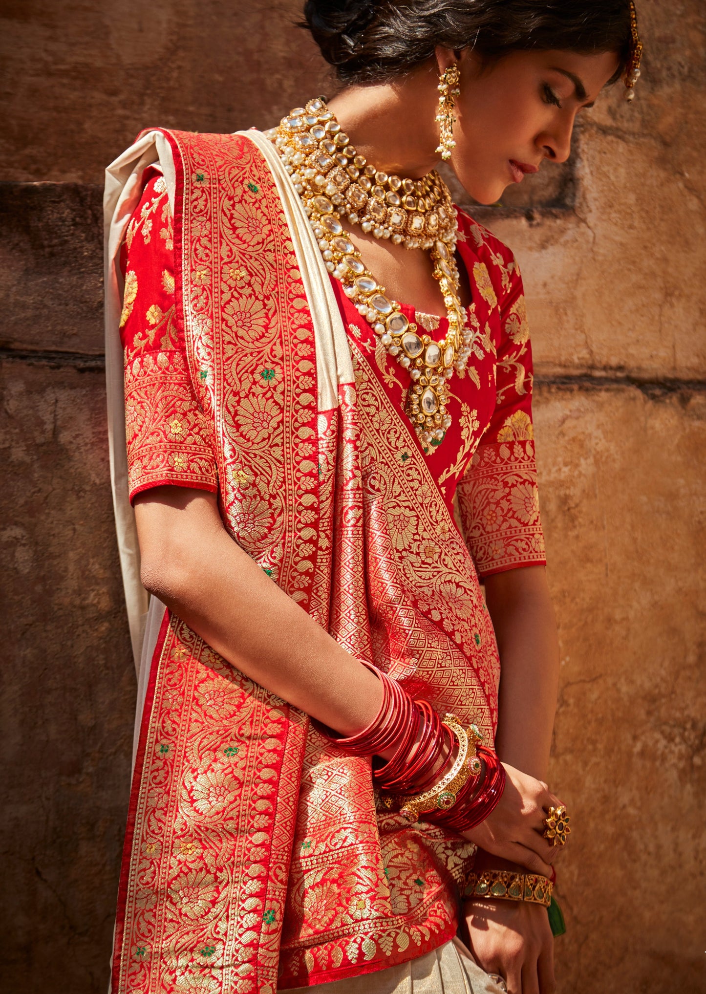 Handloom Banarasi Silk Red and White Saree