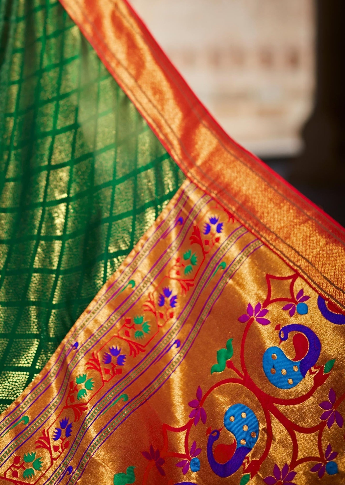 Shimmer Green Paithani Saree with Golden Border