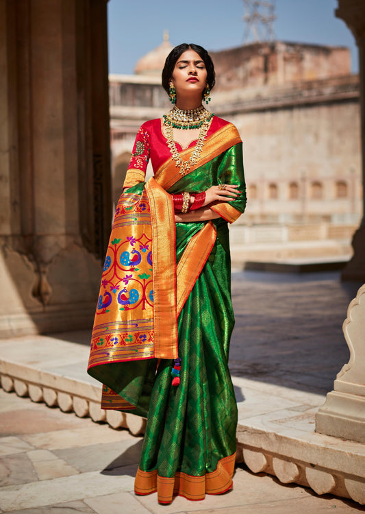 Shimmer Green Paithani Saree with Golden Border