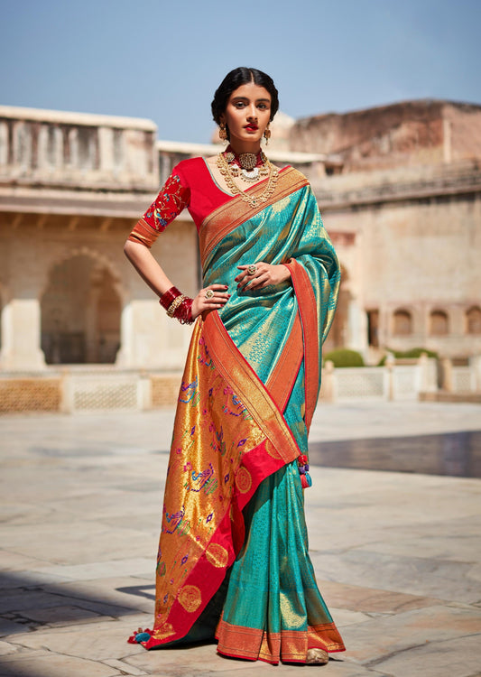 Pure Paithani Silk Shimmer Blue Saree