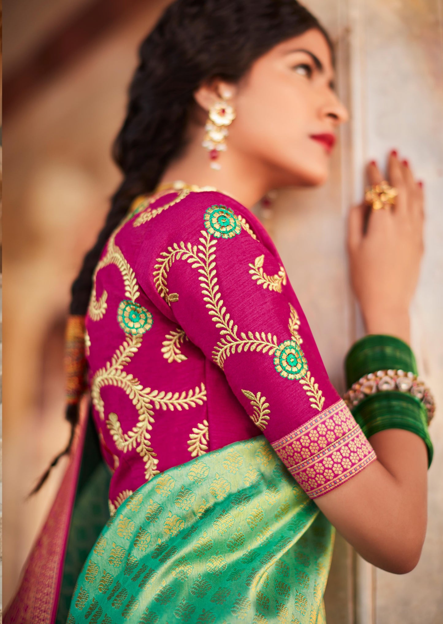 Kanjivaram Silk Green Saree with Embroidered Blouse