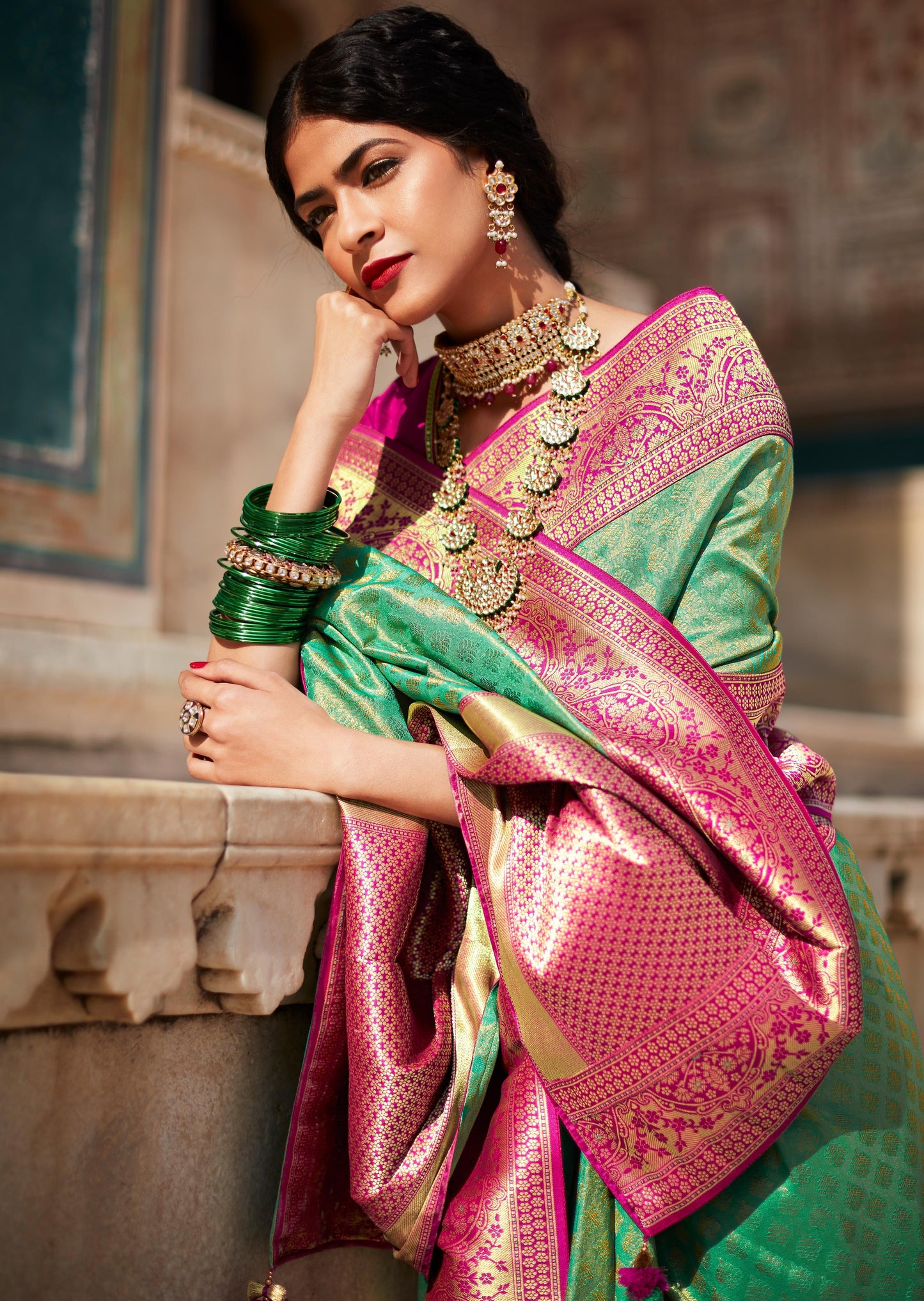 Kanjivaram Silk Green Saree with Embroidered Blouse
