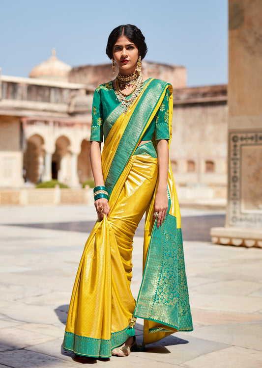 Kanjivaram Silk Yellow Saree with Handwork Blouse
