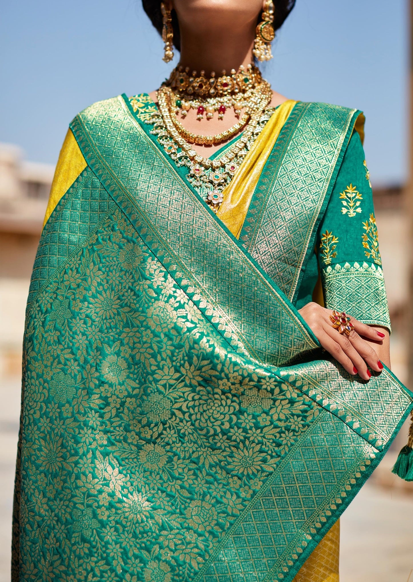 Kanjivaram Silk Yellow Saree with Handwork Blouse