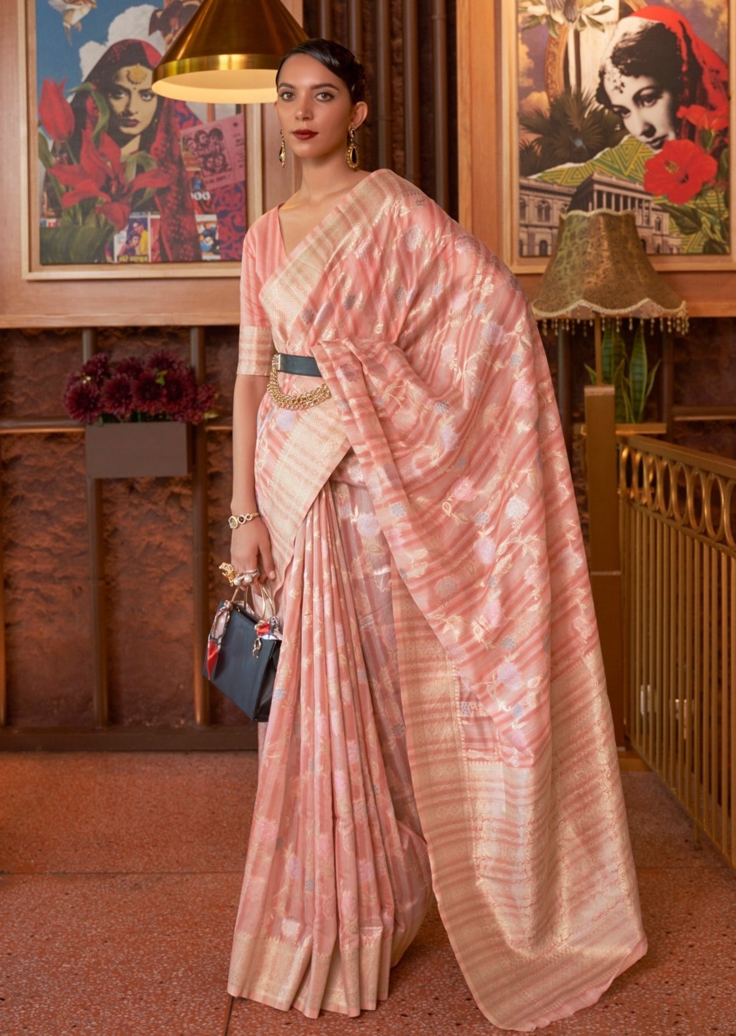 Pure Handloom Linen Rose Peach Saree