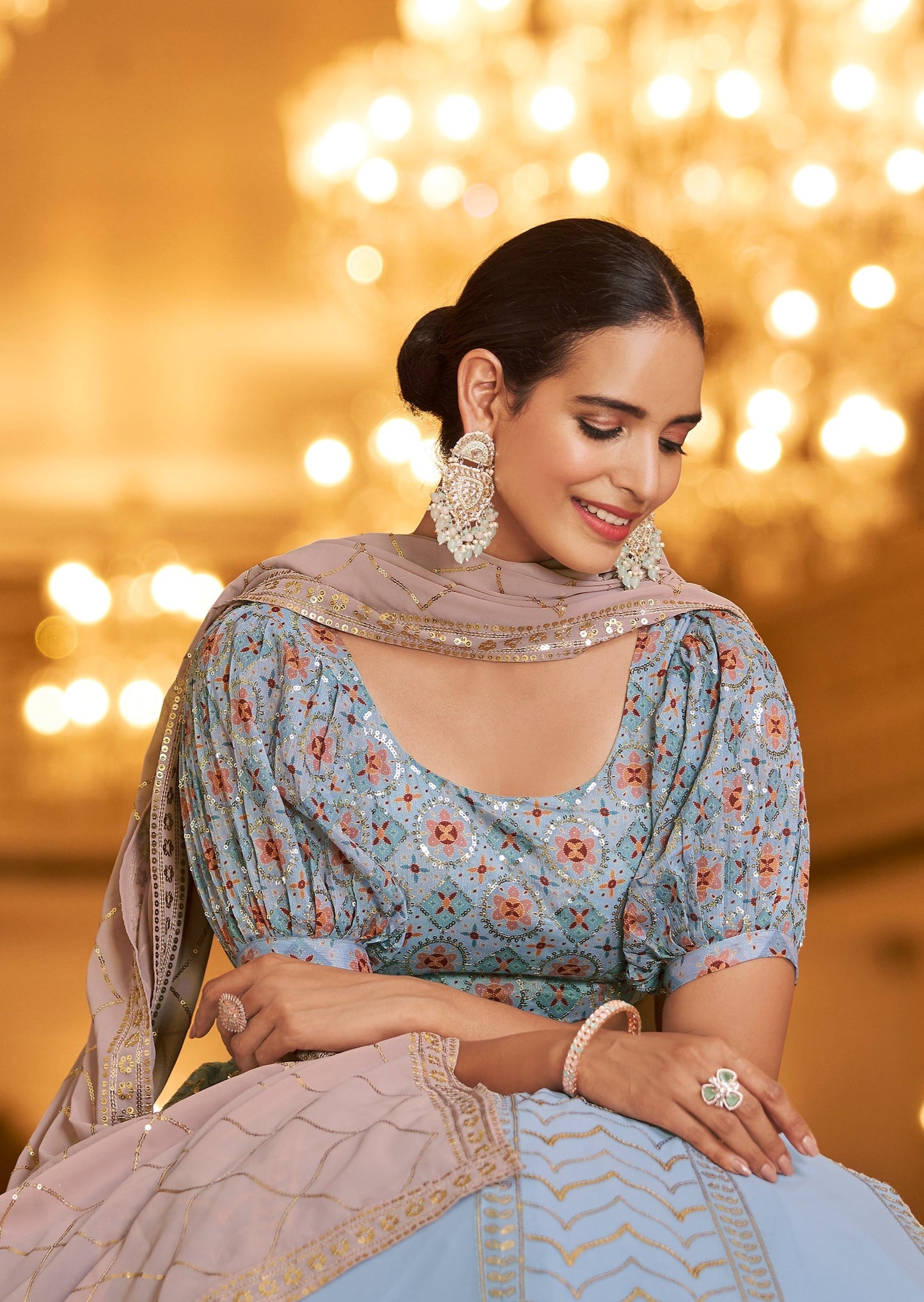 Sky Blue Sequins Lehenga Choli with Thread Work